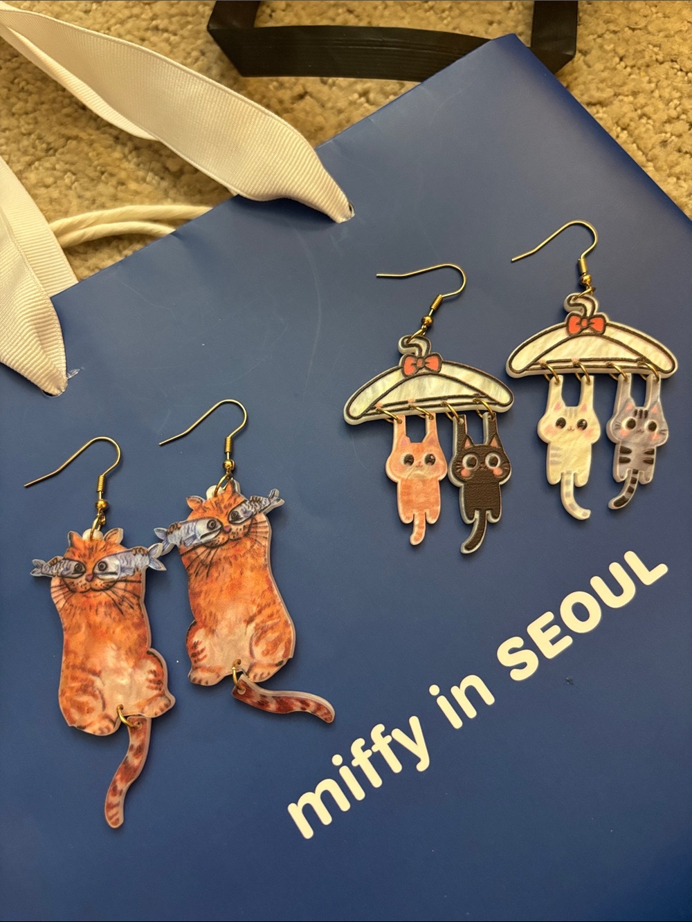 miffy Orange Tabby Cat Dangle Earrings with Fish
